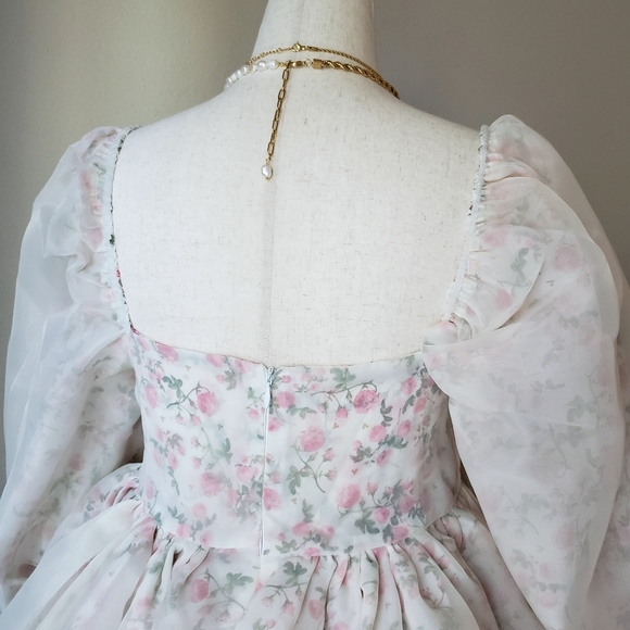Reversible Floral Organza Babydoll Puff Dress - Picture 11 of 16